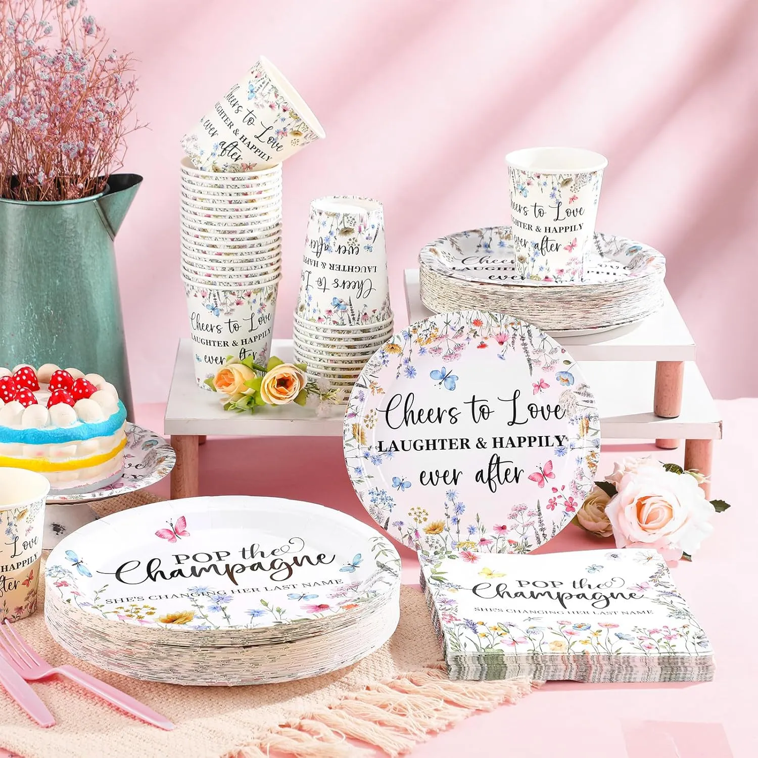Zhehao 250 Pcs Wildflowers Bridal Shower Plates Napkins Sets 50 Pcs 9'' Dinner Plates and 7'' Dessert Plate and 9oz Cups 100 Napkins Serves 50 Party Supplies Bridal Shower Engagement Decoration