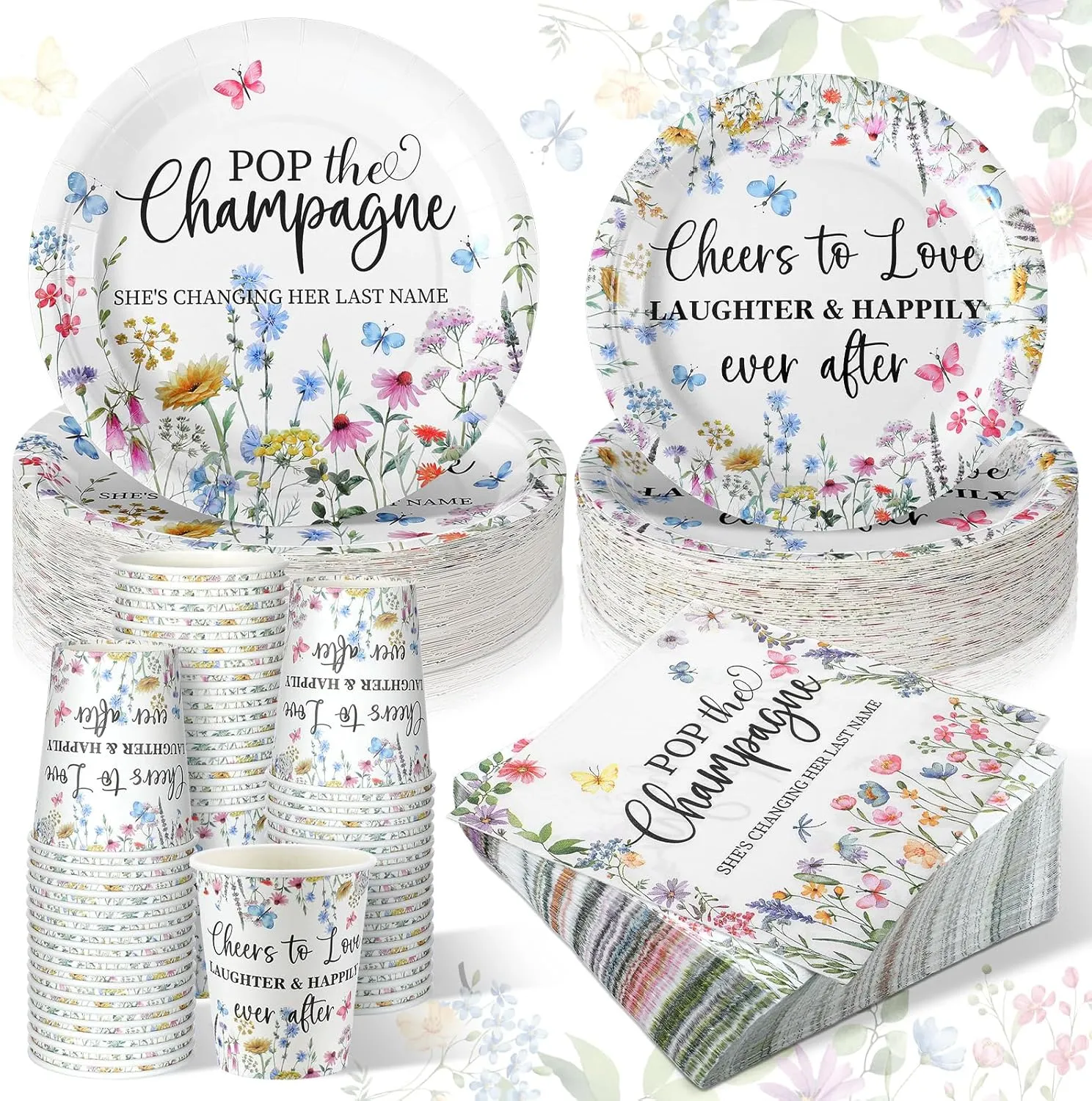 Zhehao 250 Pcs Wildflowers Bridal Shower Plates Napkins Sets 50 Pcs 9'' Dinner Plates and 7'' Dessert Plate and 9oz Cups 100 Napkins Serves 50 Party Supplies Bridal Shower Engagement Decoration
