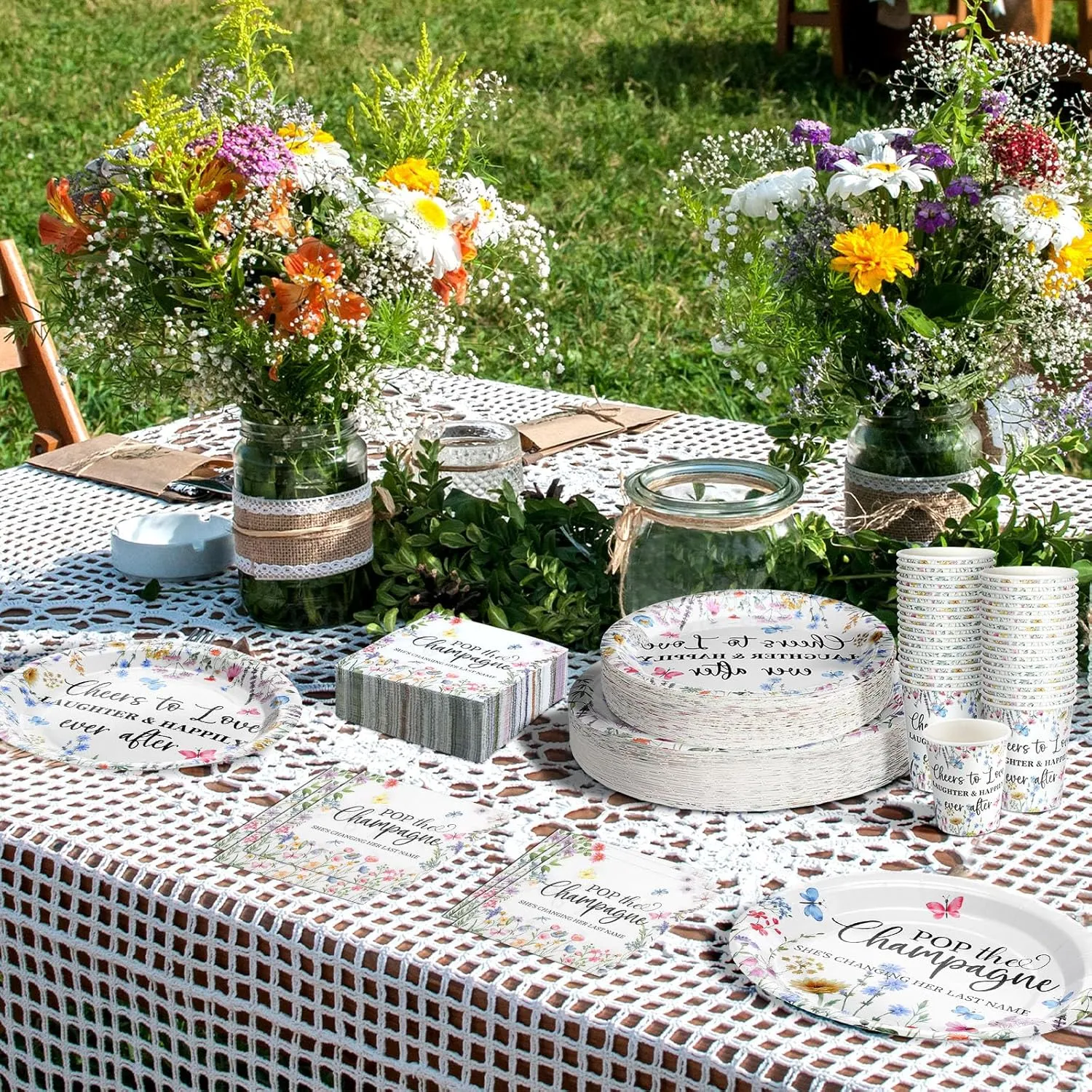 Zhehao 250 Pcs Wildflowers Bridal Shower Plates Napkins Sets 50 Pcs 9'' Dinner Plates and 7'' Dessert Plate and 9oz Cups 100 Napkins Serves 50 Party Supplies Bridal Shower Engagement Decoration