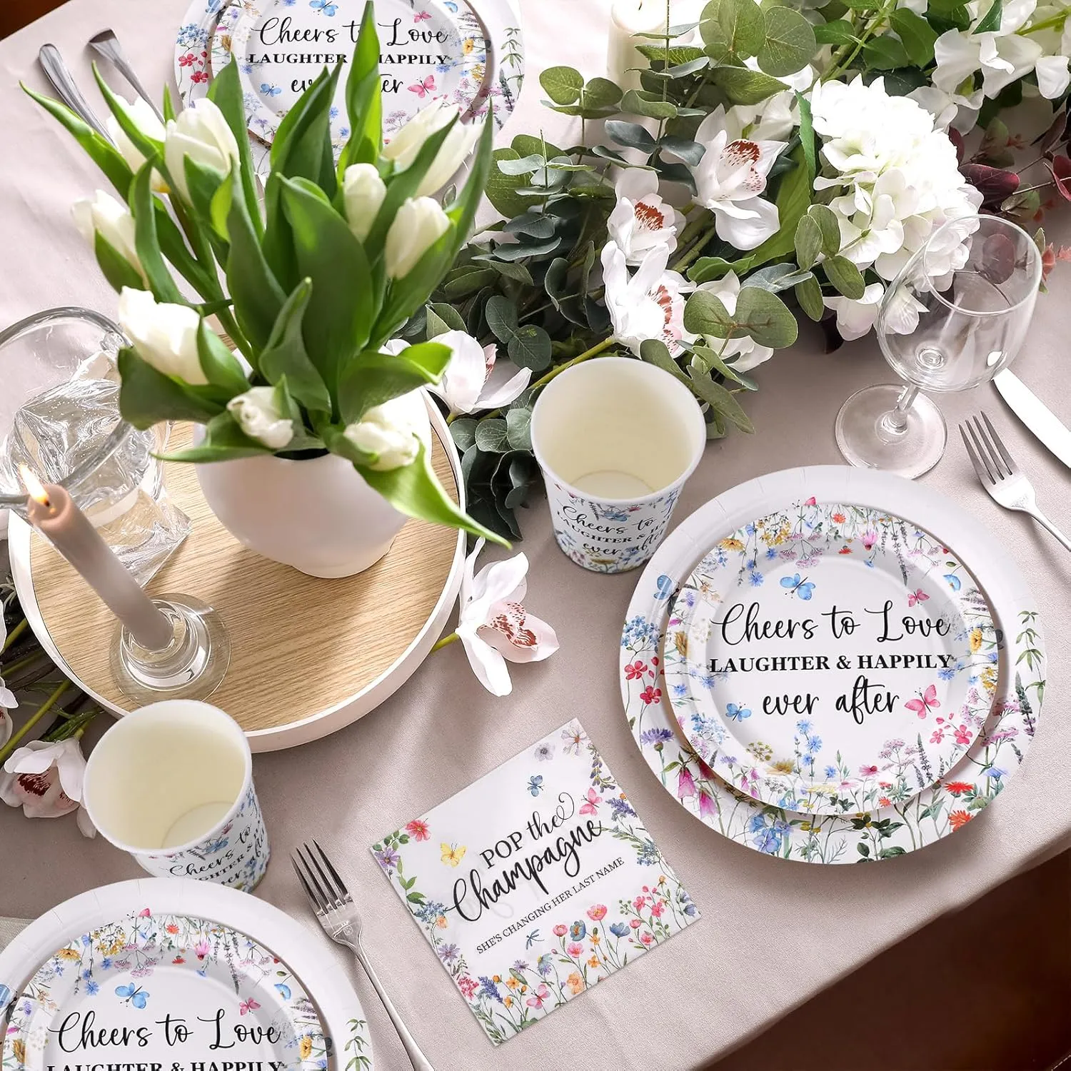Zhehao 250 Pcs Wildflowers Bridal Shower Plates Napkins Sets 50 Pcs 9'' Dinner Plates and 7'' Dessert Plate and 9oz Cups 100 Napkins Serves 50 Party Supplies Bridal Shower Engagement Decoration