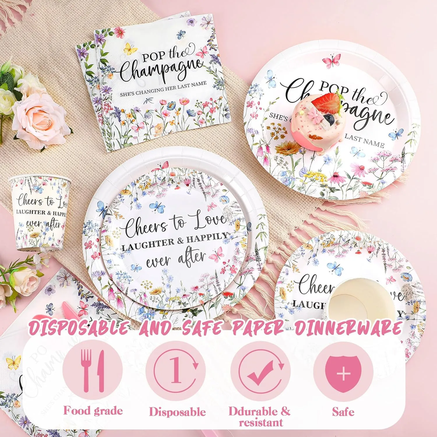 Zhehao 250 Pcs Wildflowers Bridal Shower Plates Napkins Sets 50 Pcs 9'' Dinner Plates and 7'' Dessert Plate and 9oz Cups 100 Napkins Serves 50 Party Supplies Bridal Shower Engagement Decoration