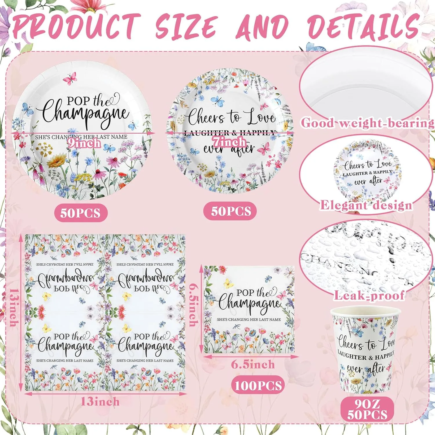 Zhehao 250 Pcs Wildflowers Bridal Shower Plates Napkins Sets 50 Pcs 9'' Dinner Plates and 7'' Dessert Plate and 9oz Cups 100 Napkins Serves 50 Party Supplies Bridal Shower Engagement Decoration
