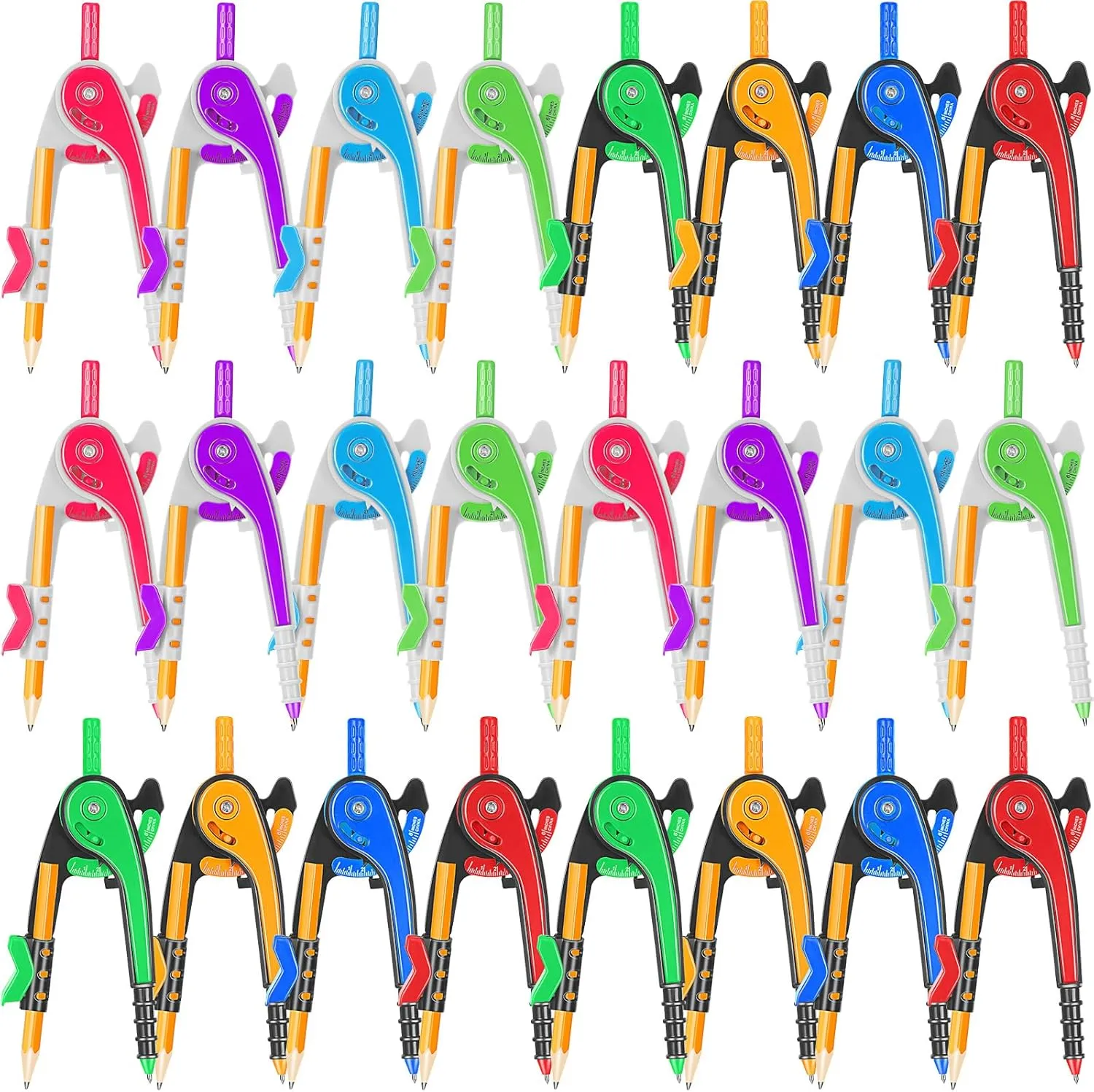 Zonon Student Math Geometry Compass Bulk 6 Inch Plastic Drawing Compass with Pencils Bright Color Precision Tool Back to School Supplies(24 Pcs)