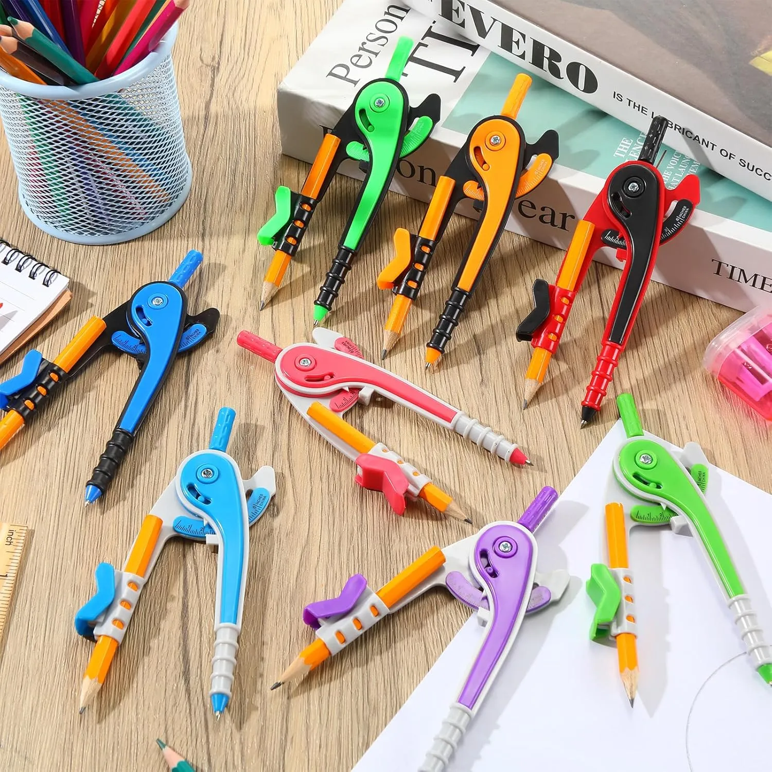 Zonon Student Math Geometry Compass Bulk 6 Inch Plastic Drawing Compass with Pencils Bright Color Precision Tool Back to School Supplies(24 Pcs)