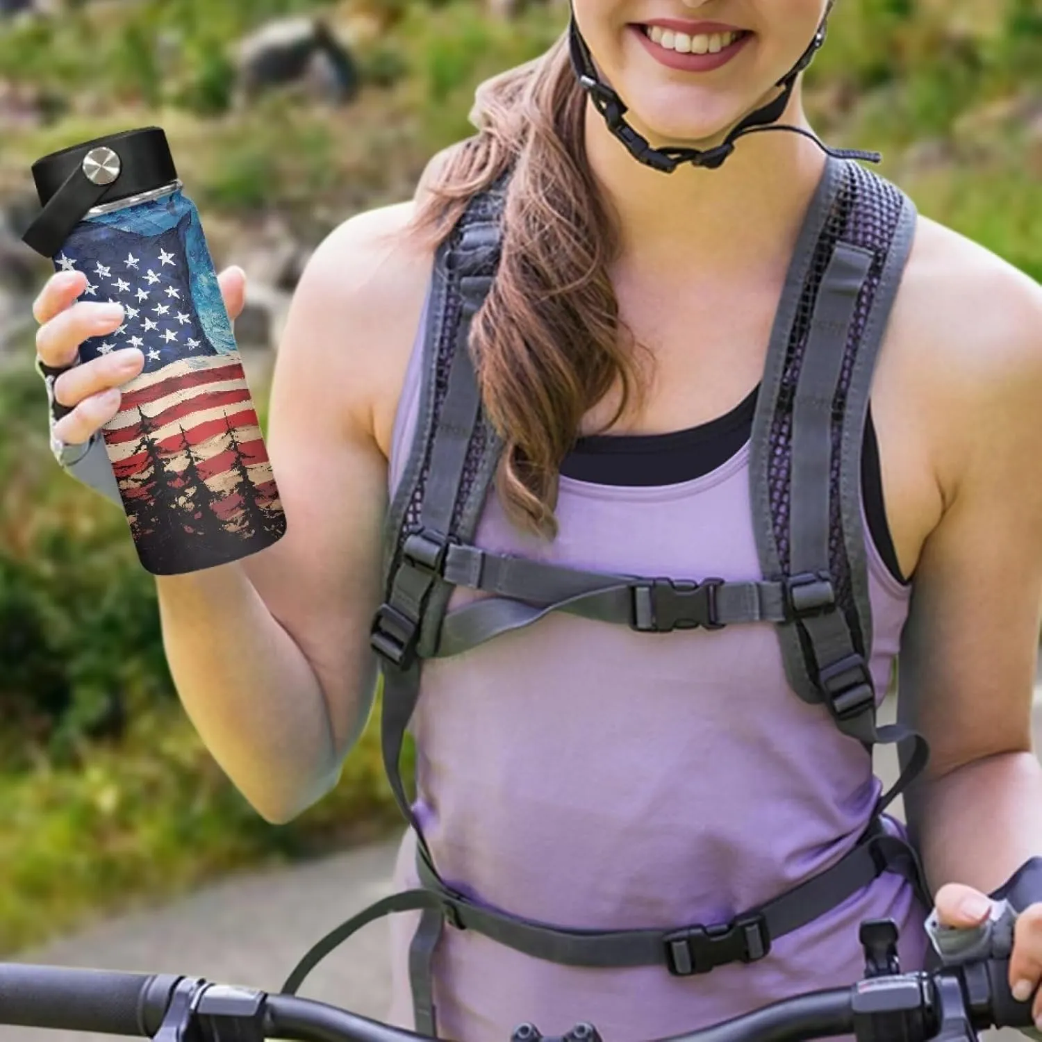 ZOUTAIRONG Insulated Water Bottle 18 oz, American Flag Stainless Steel Sports Water Bottles with Handle, Leak Proof Wide Mouth Reusable Mug for Outdoor Biking
