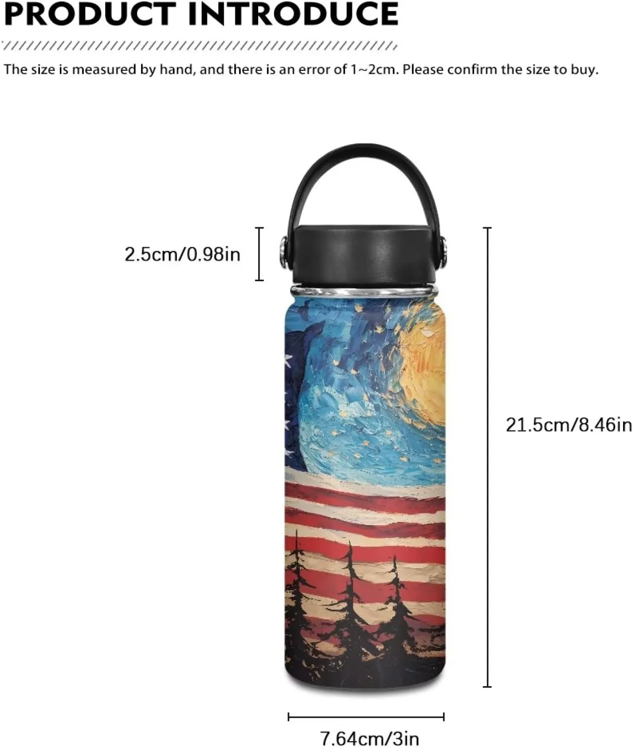 ZOUTAIRONG Insulated Water Bottle 18 oz, American Flag Stainless Steel Sports Water Bottles with Handle, Leak Proof Wide Mouth Reusable Mug for Outdoor Biking