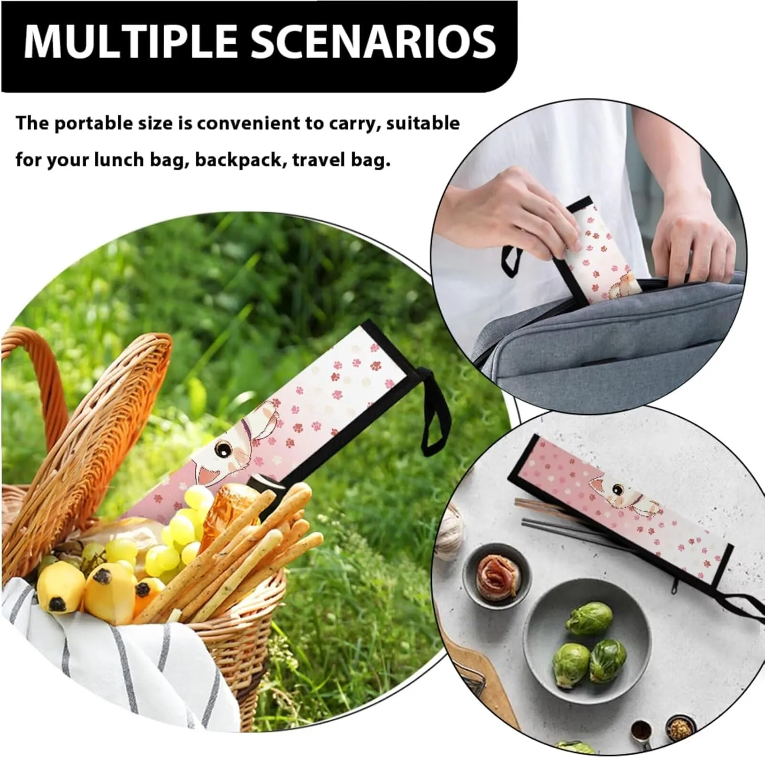 ZOUTAIRONG Mini Lunch Bag for Girls Cute Cat Lightweight Tableware Carrying Bag for Straw Spoon Fork Chopsticks Utensil Holder