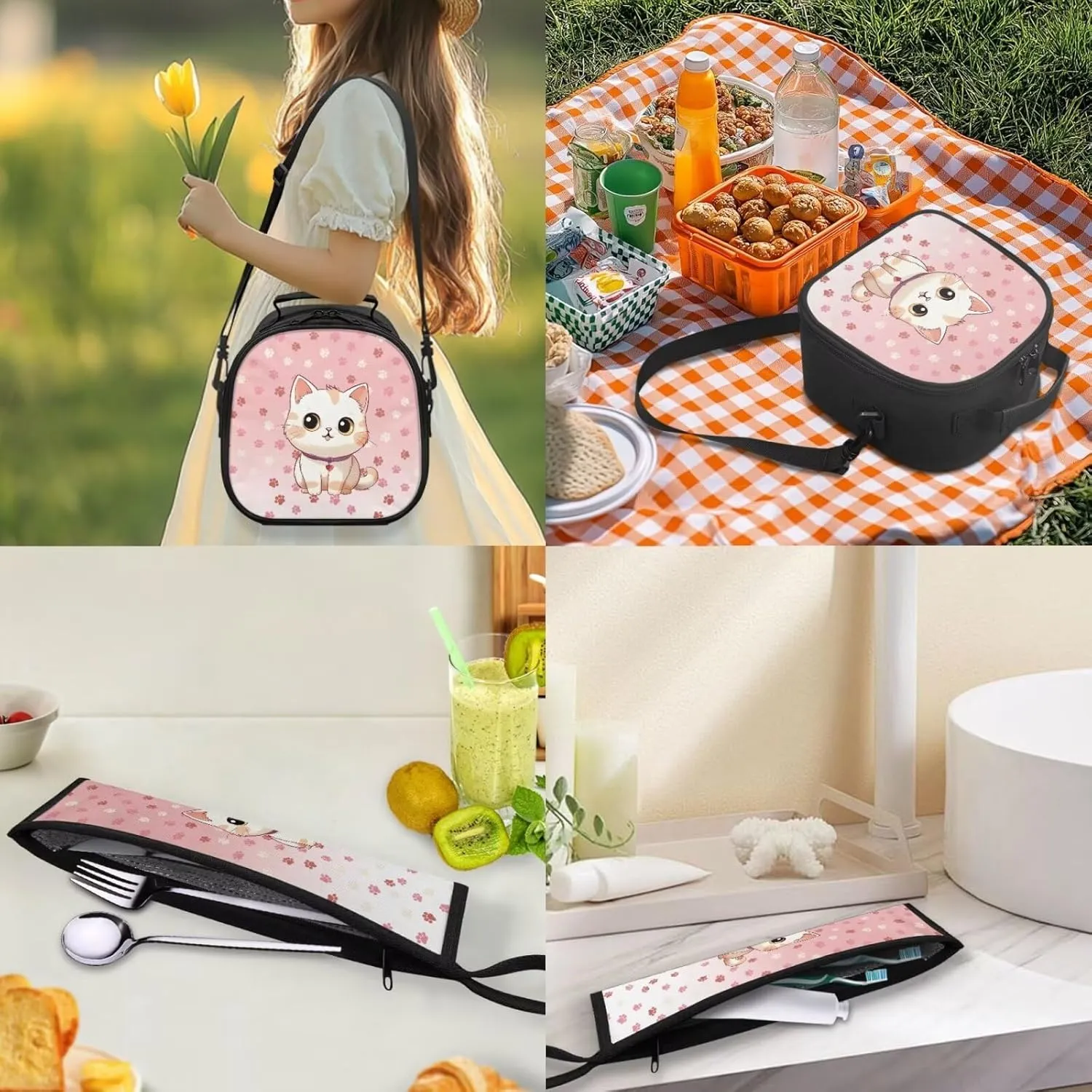 ZOUTAIRONG Mini Lunch Bag for Girls Cute Cat Lightweight Tableware Carrying Bag for Straw Spoon Fork Chopsticks Utensil Holder