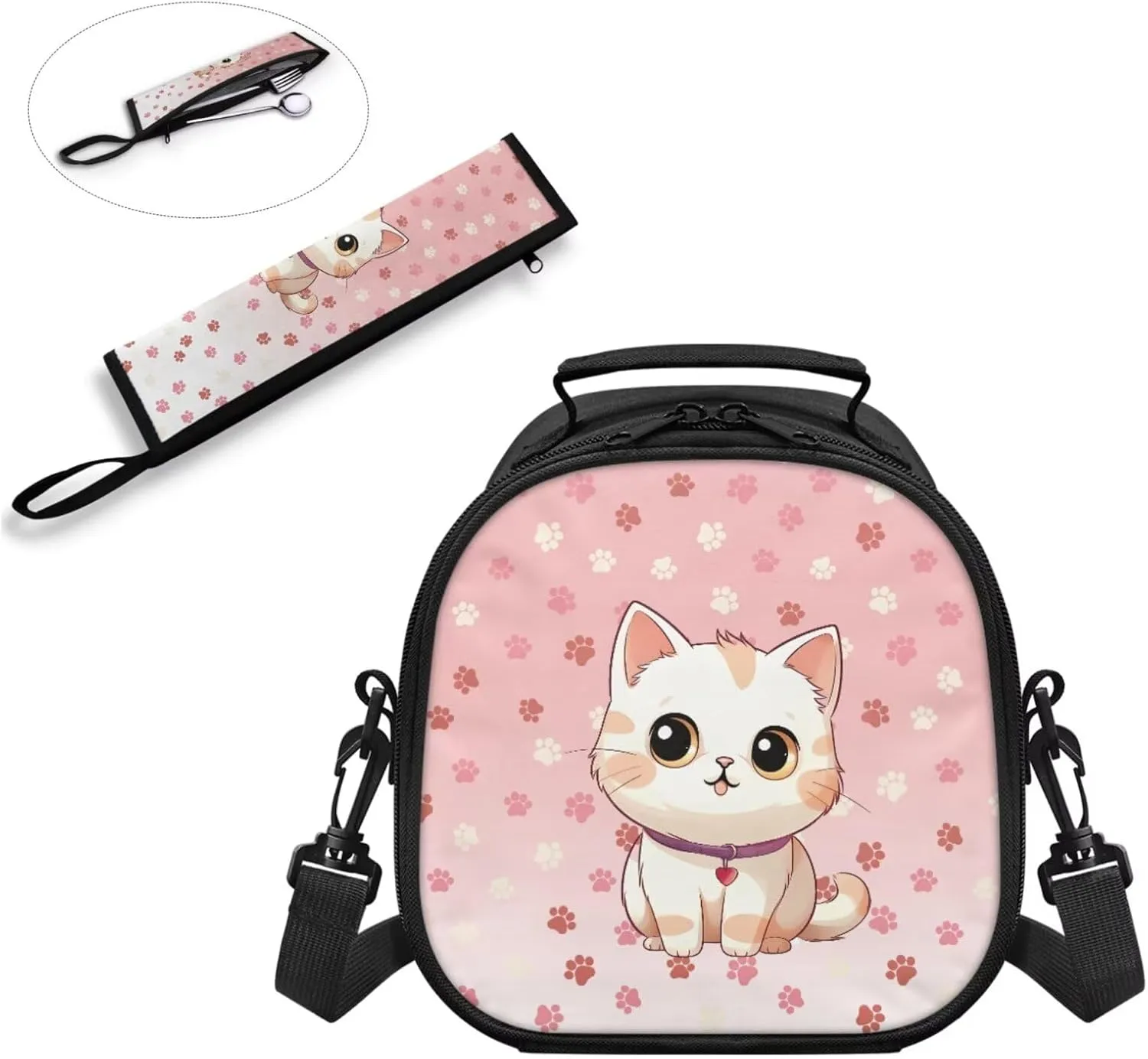 ZOUTAIRONG Mini Lunch Bag for Girls Cute Cat Lightweight Tableware Carrying Bag for Straw Spoon Fork Chopsticks Utensil Holder