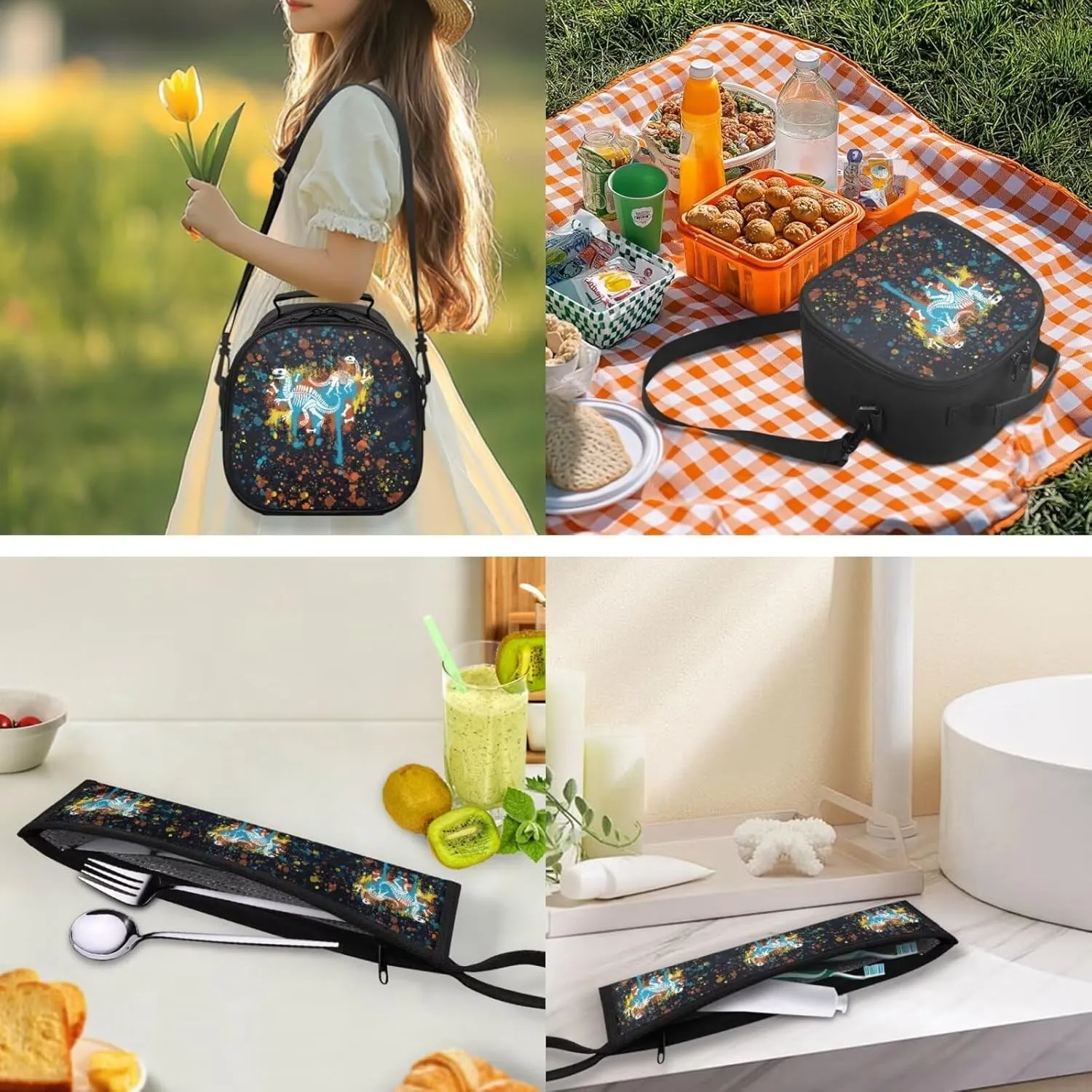 ZOUTAIRONG Shoulder Bag for Kids Dinosaur Fossil Design Lightweight Lunch Bag Tableware Carrying Storage Pouch for Straw Spoon Fork Chopsticks