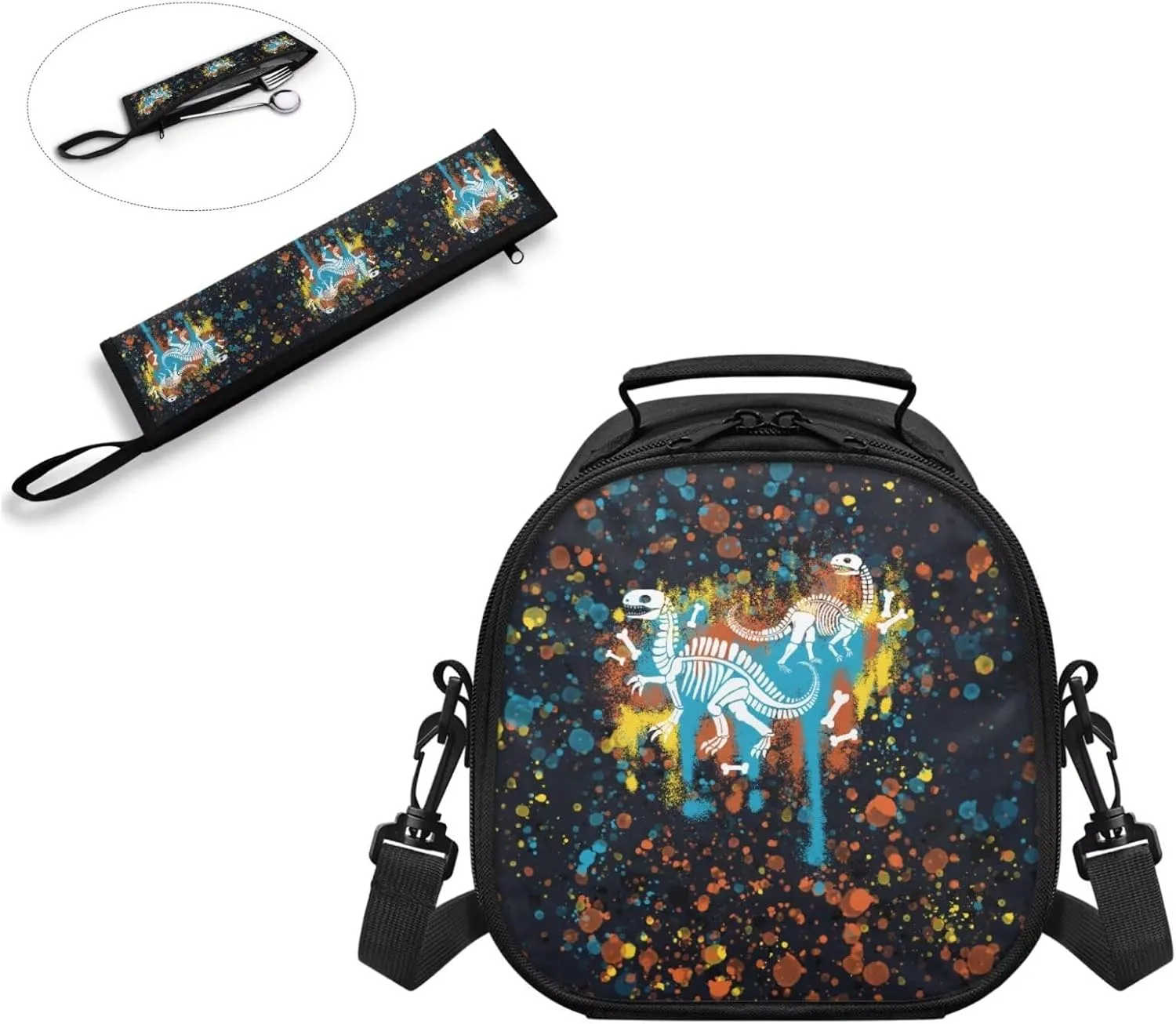 ZOUTAIRONG Shoulder Bag for Kids Dinosaur Fossil Design Lightweight Lunch Bag Tableware Carrying Storage Pouch for Straw Spoon Fork Chopsticks